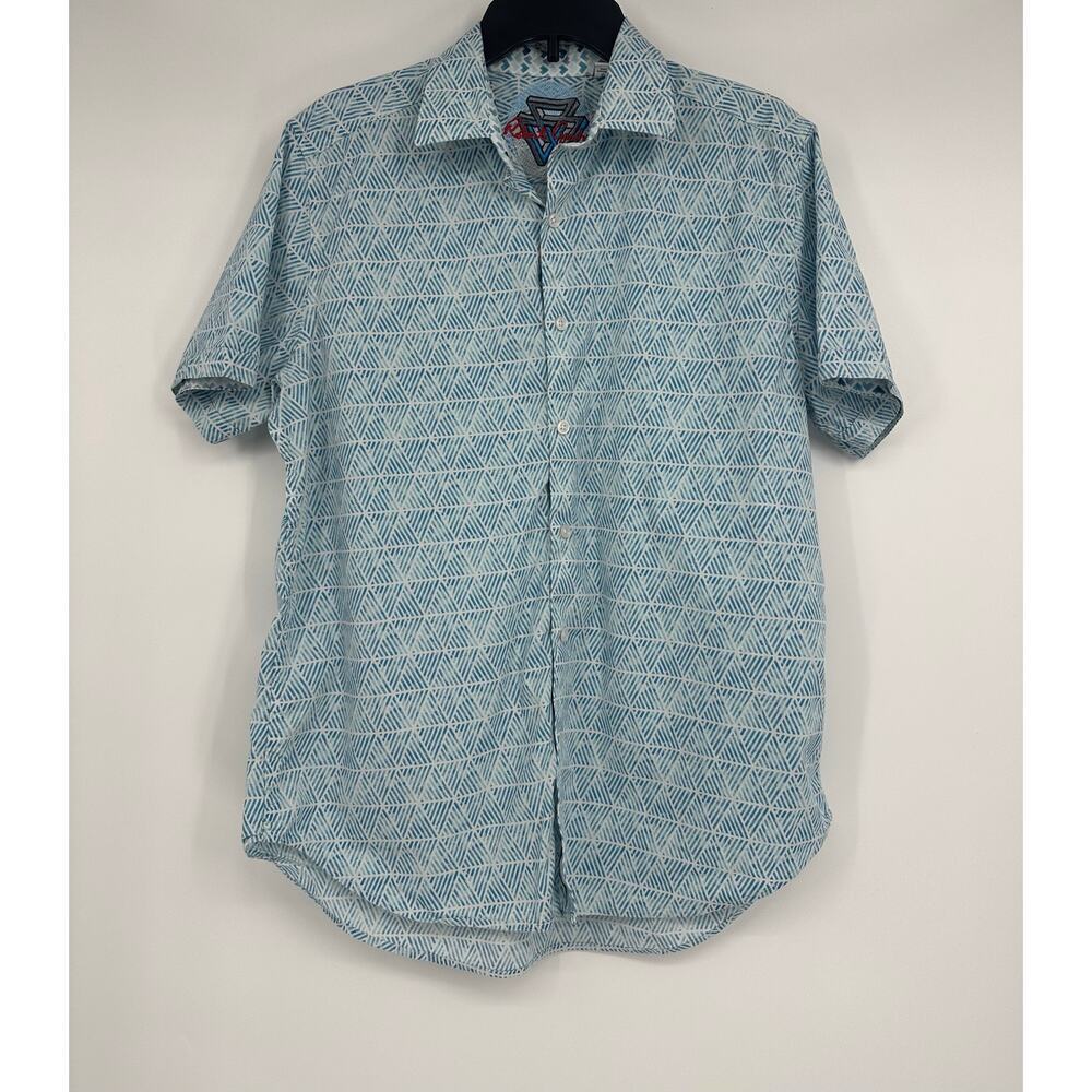 Robert Graham "Barlow" blue/teal geometric pattern short sleeve button shirt